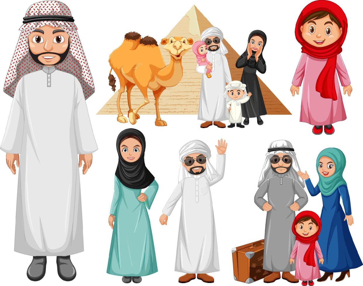 Arabic people with camel and pyramid vector