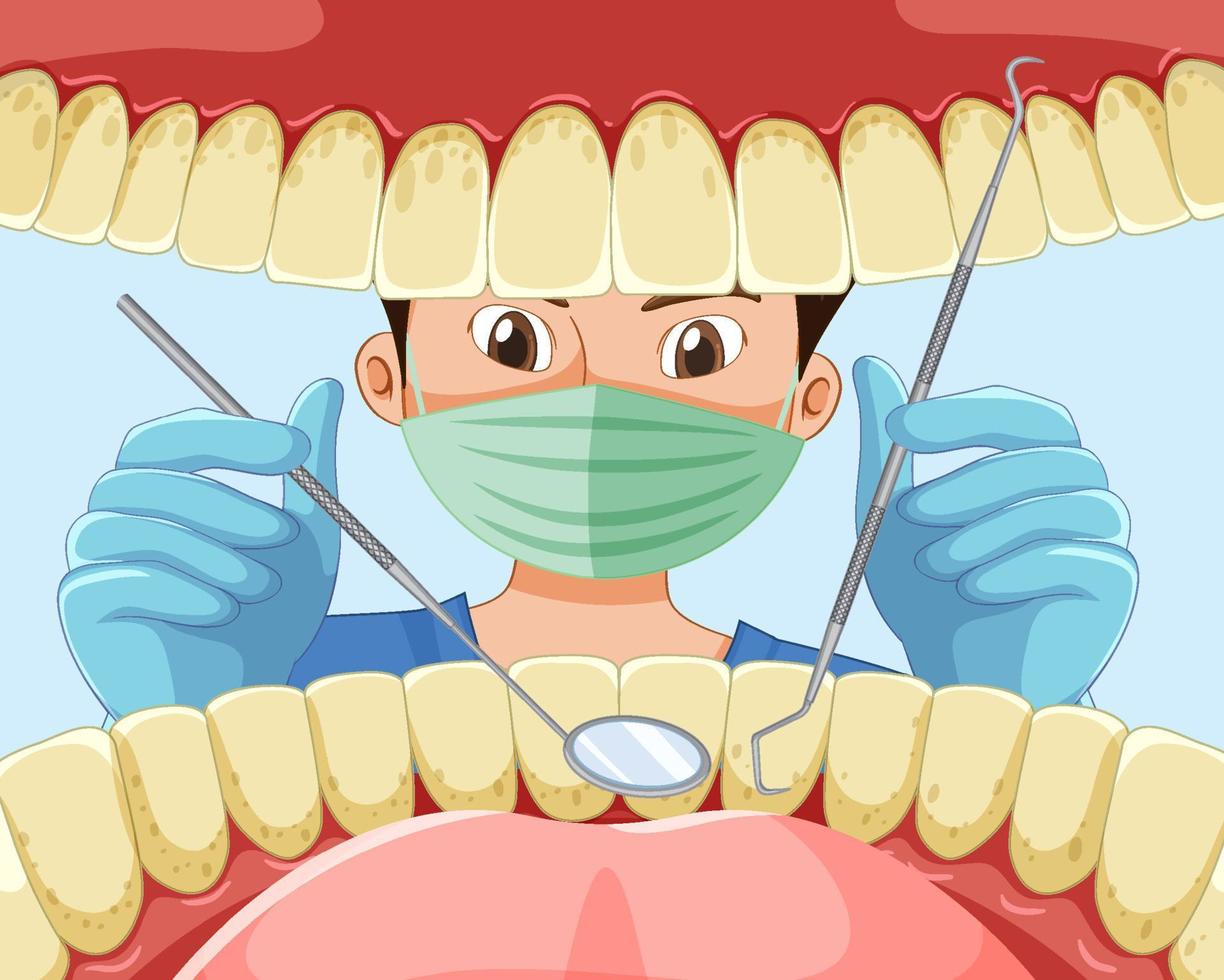 Dentist holding instruments examining patient teeth inside human mouth vector