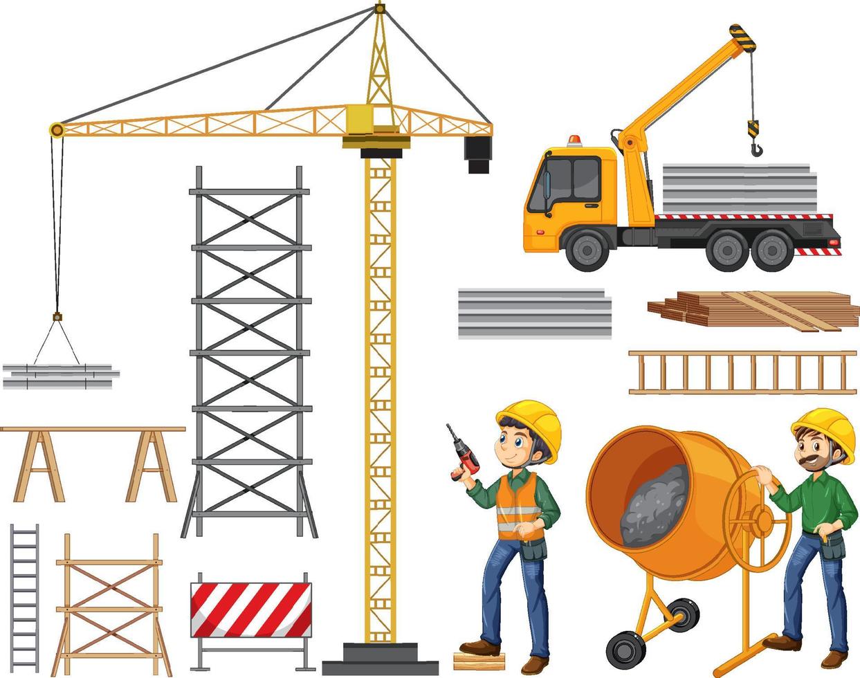 Set of construction site objects and workers vector