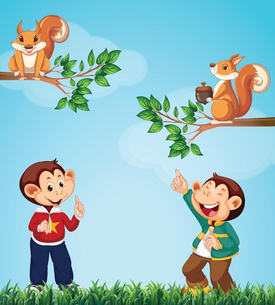 Two monkeys looking at squirrels in garden vector