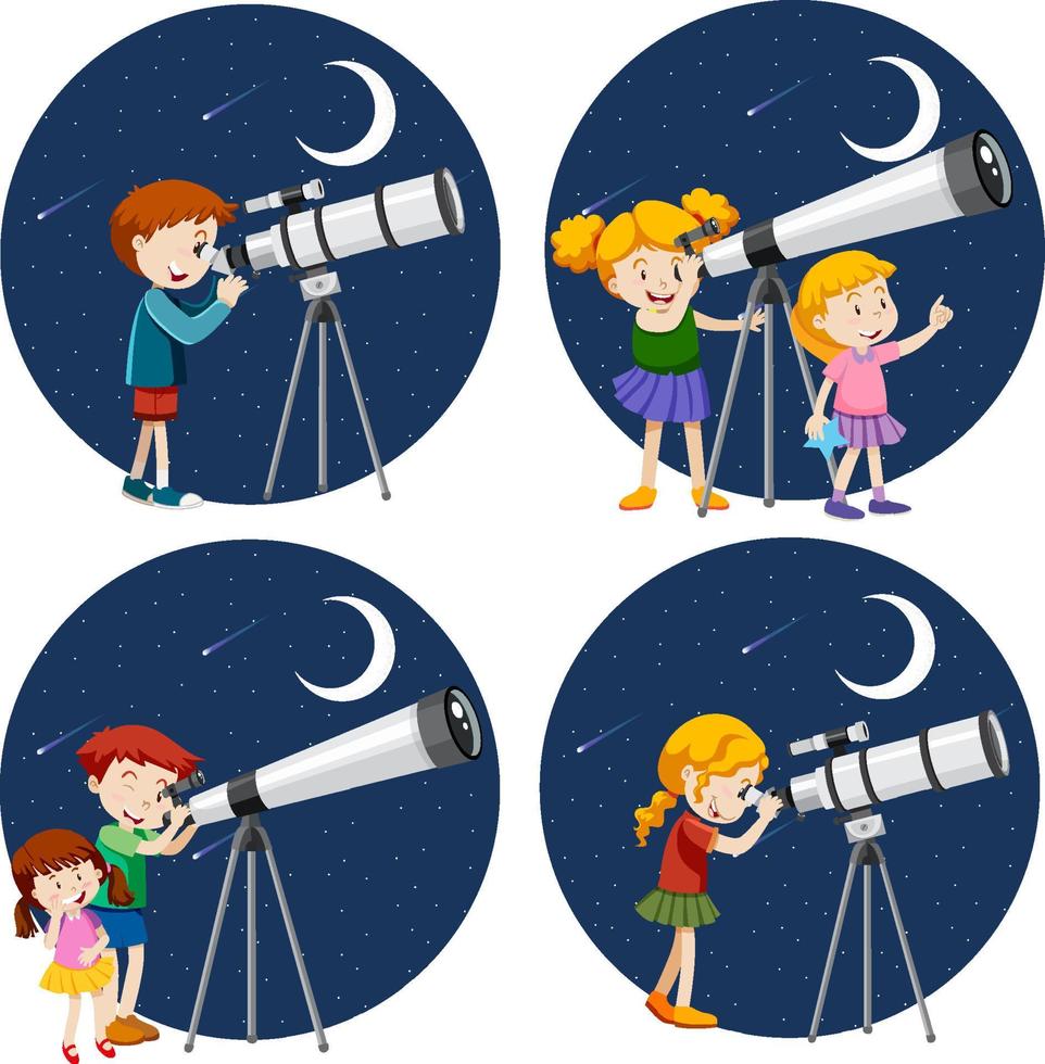 conjunto de diferentes niños usando telescopio vector