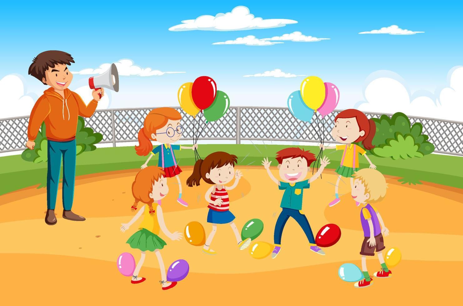 niños haciendo actividad física con globos vector