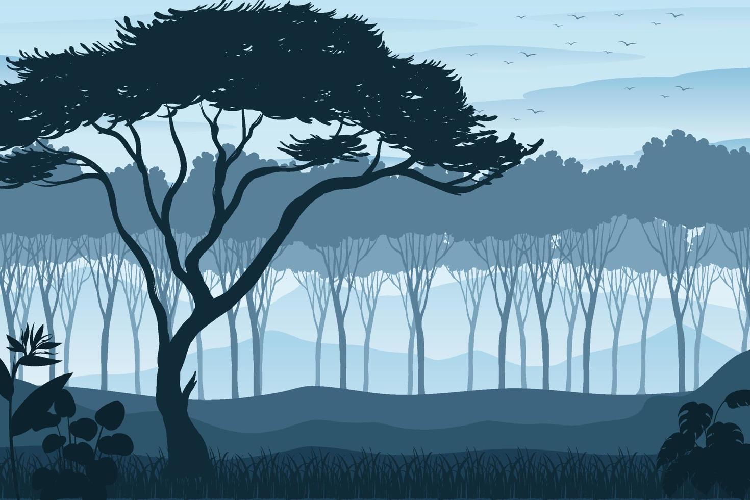 silueta, sombra, de, bosque, escena vector