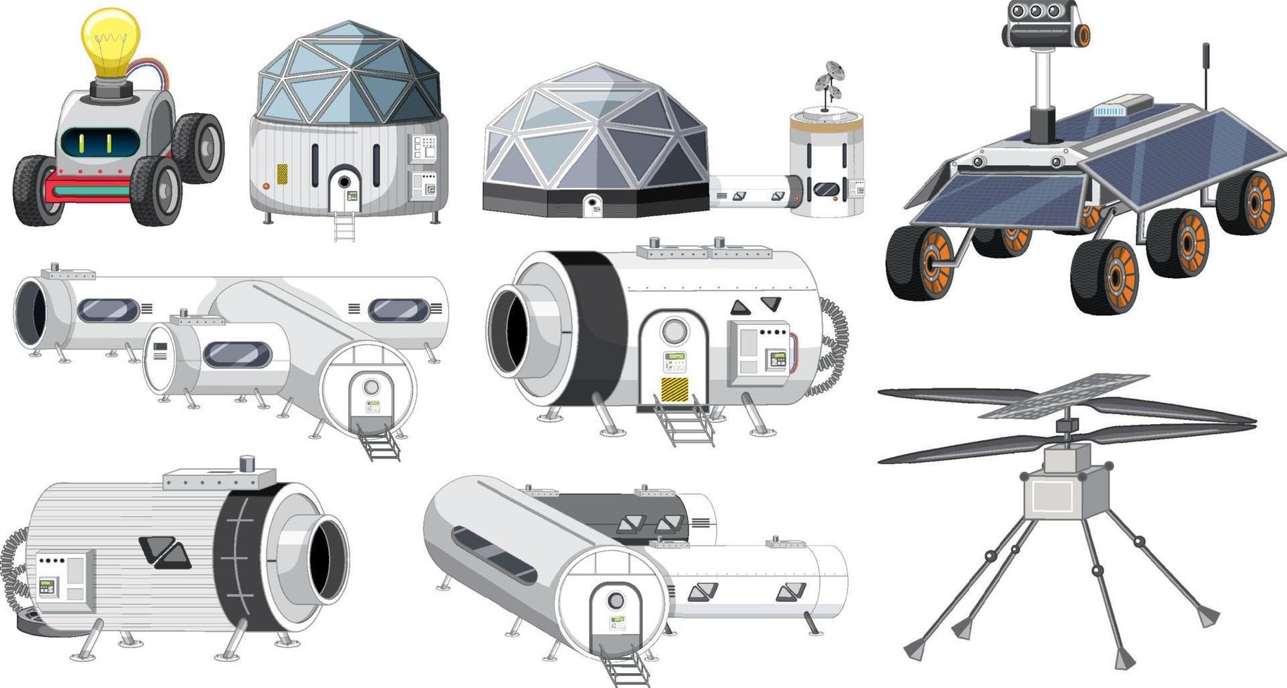 conjunto de naves espaciales y objetos satelitales vector