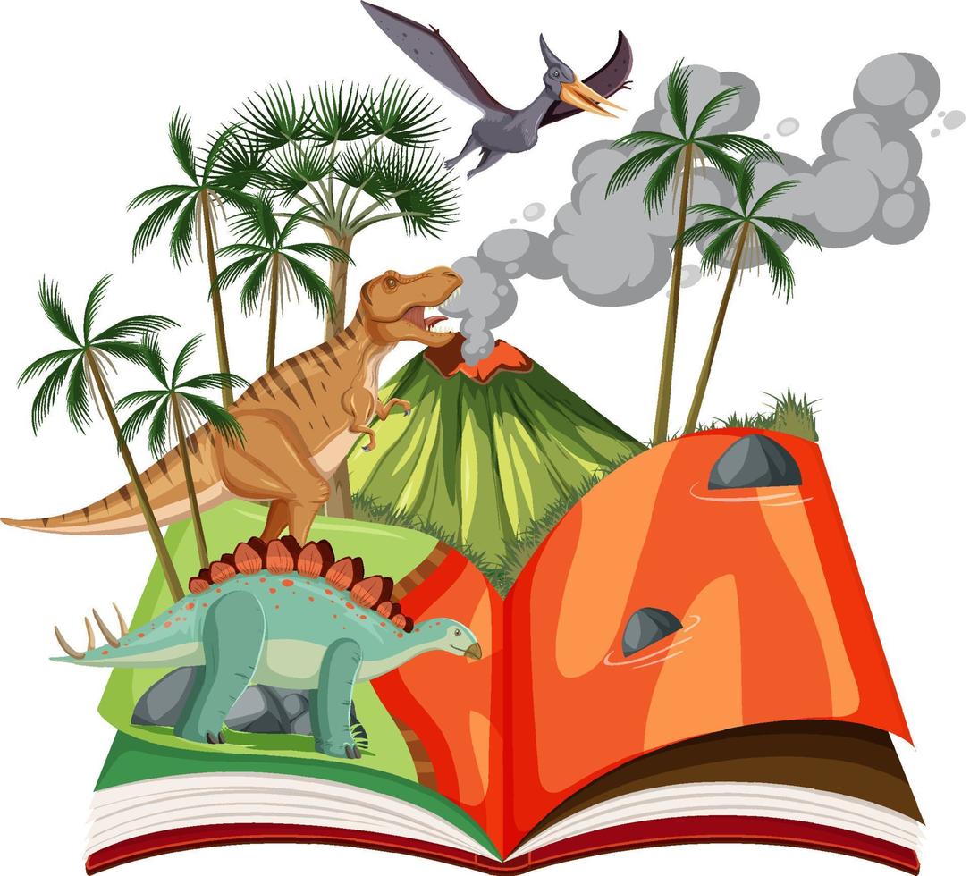 Scene with dinosaurs by volcano vector