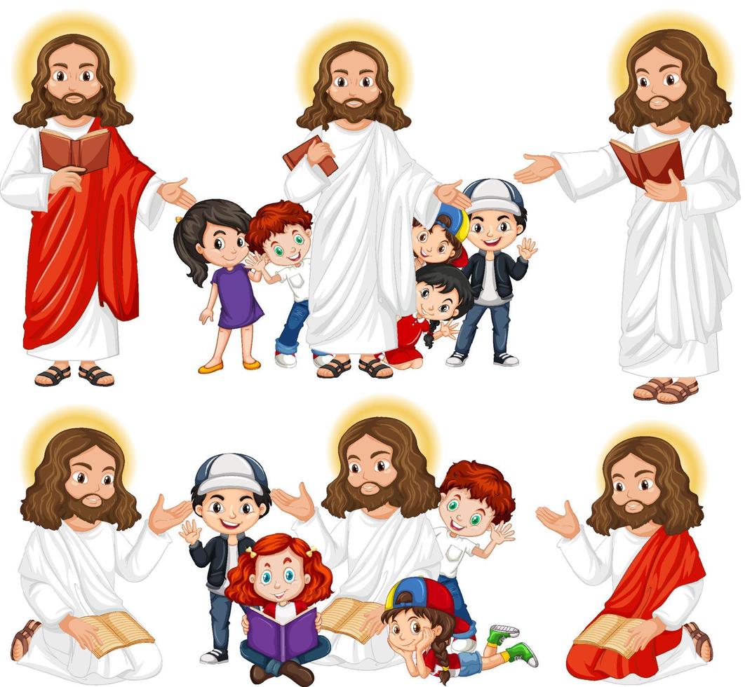 hombre santo y muchos niños con biblia vector