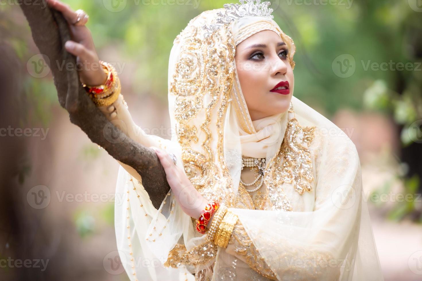 retrato de una hermosa niña india .india mujer en vestido tradicional sari y joyas. Retrato novia musulmana posando foto