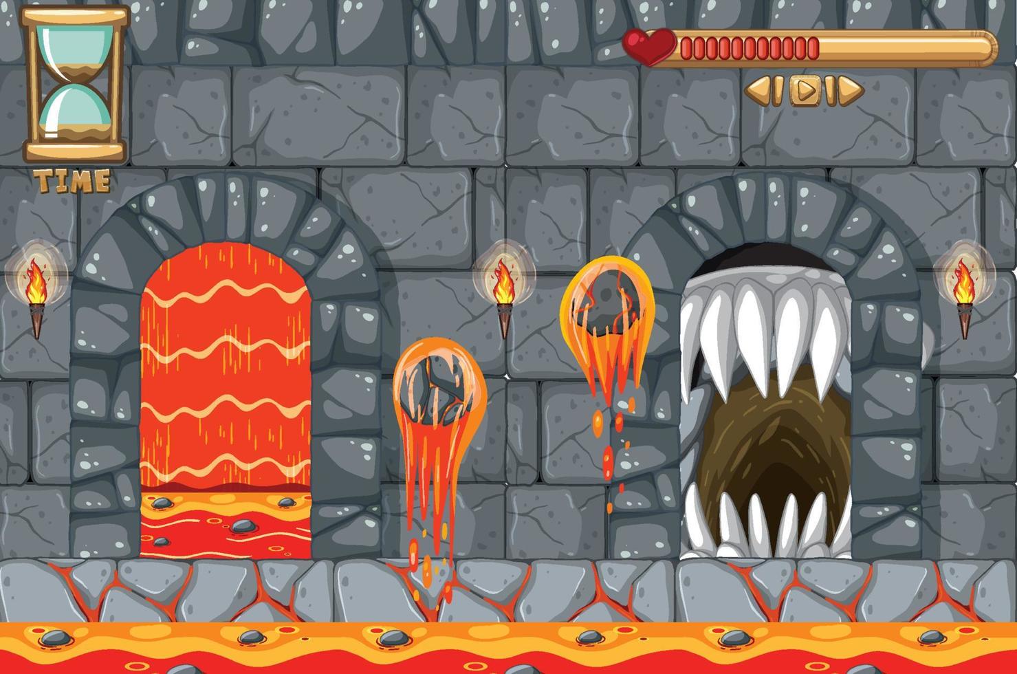 plantilla de fondo de juego con pared de ladrillo y lava vector