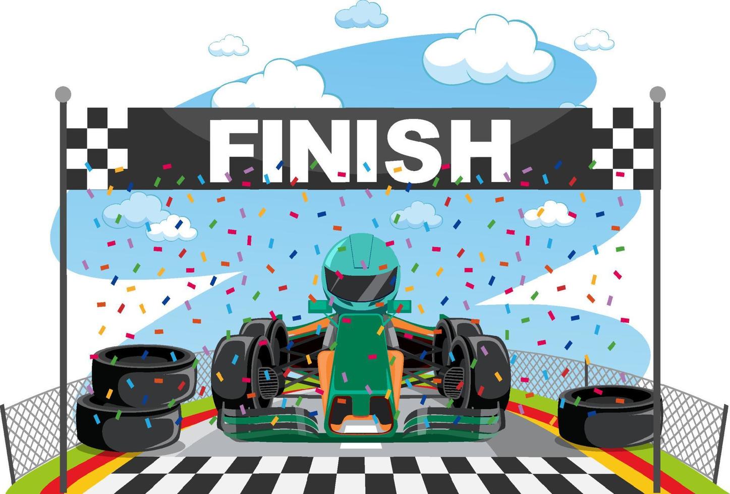 Cartoon racing car reach the finish line vector