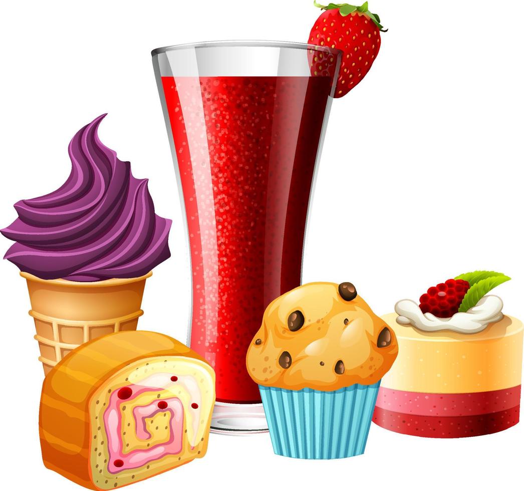 Delicious desserts and drink cartoon set vector