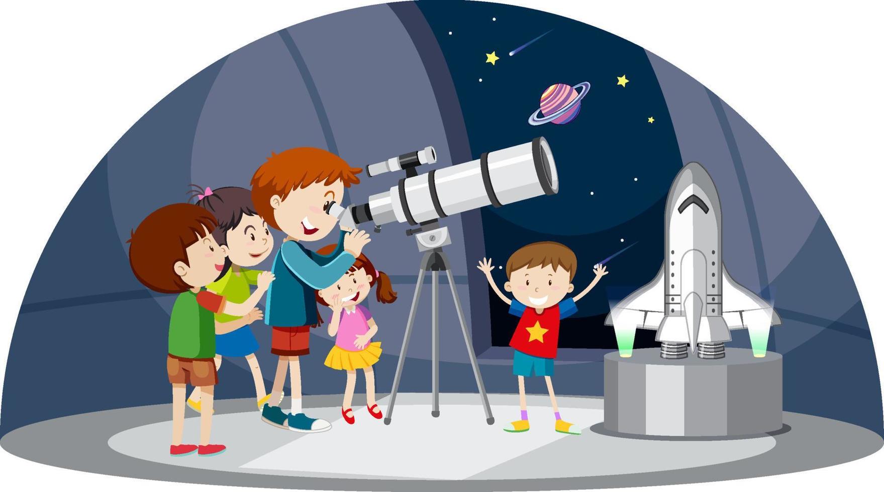 Astronomy theme with kids looking at telescope vector