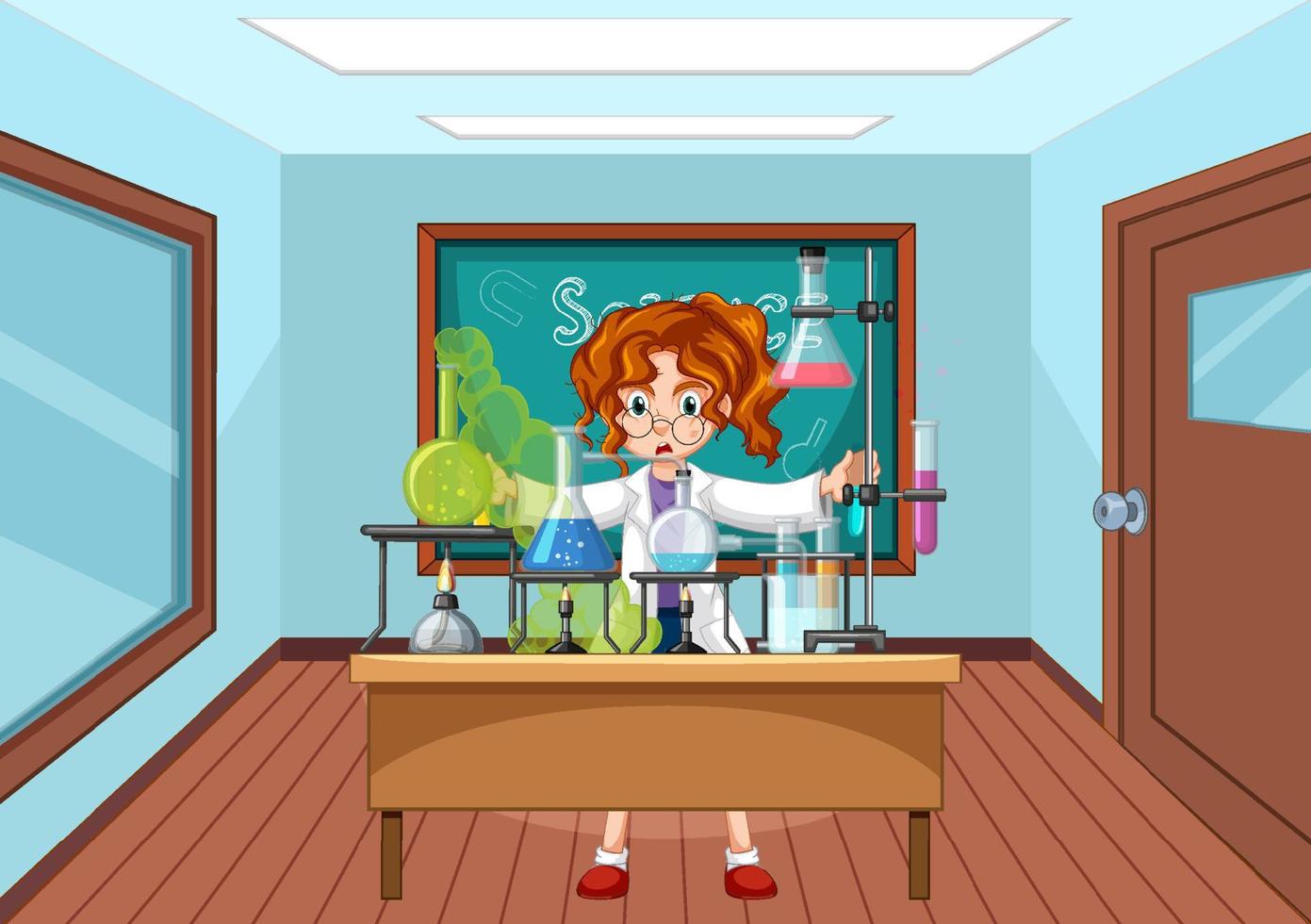 Classroom scene with scientist doing experiment vector