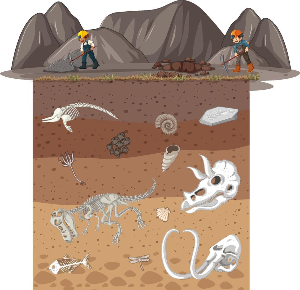 un minero en el suelo y un fósil subterráneo vector