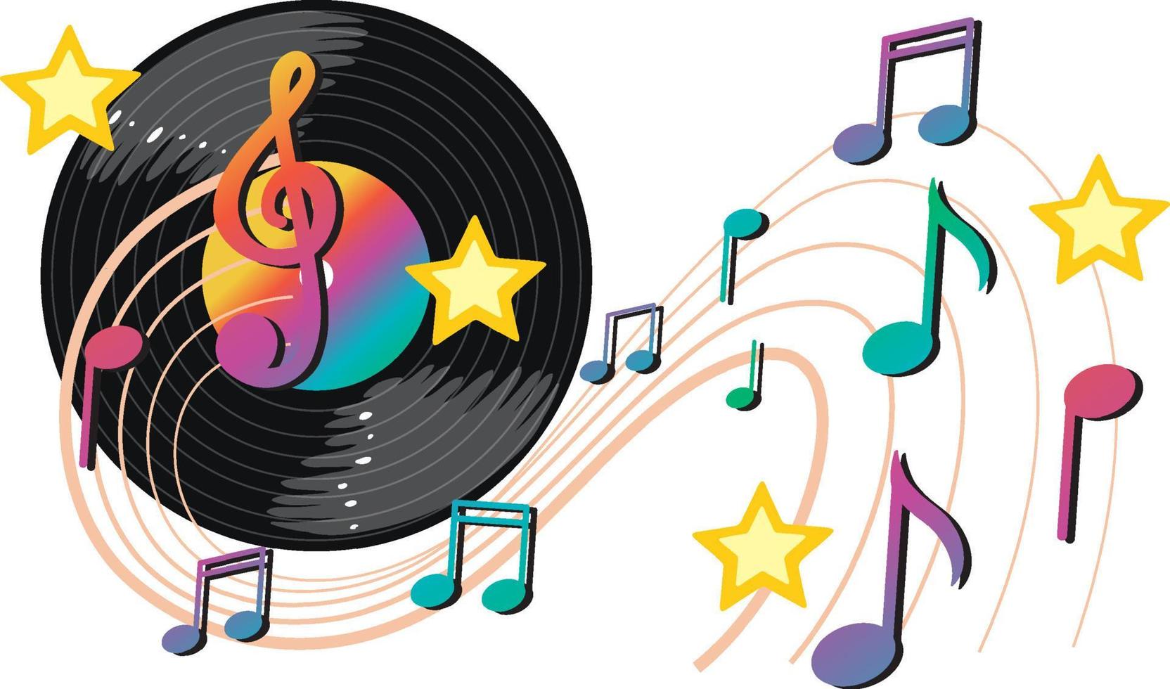 Music notes rainbow colourful with vinyl record on white background vector