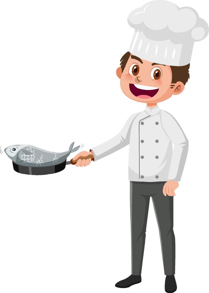 Male chef frying fish in the pan vector