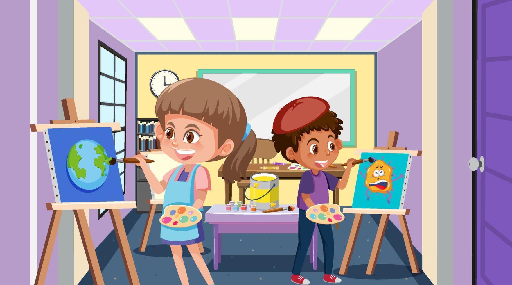 aula de arte escolar con niños estudiantes vector