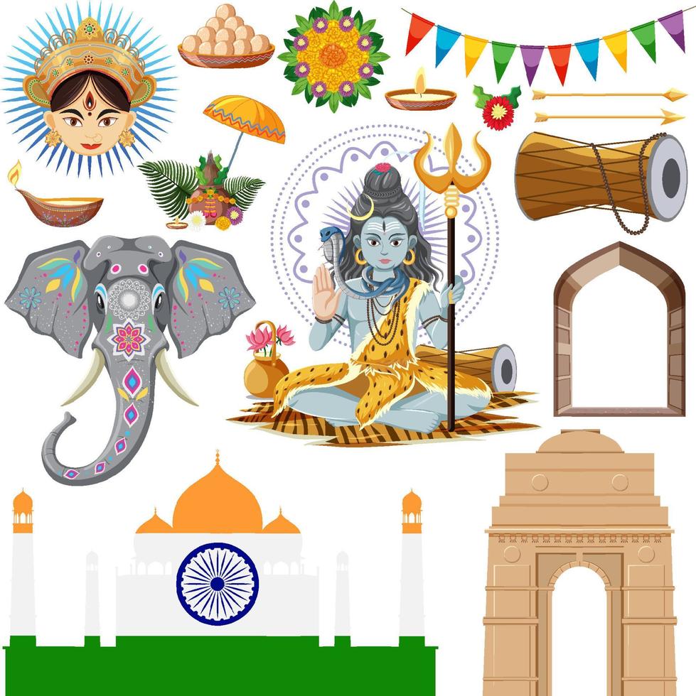 Set of Indian culture objects and symbols vector