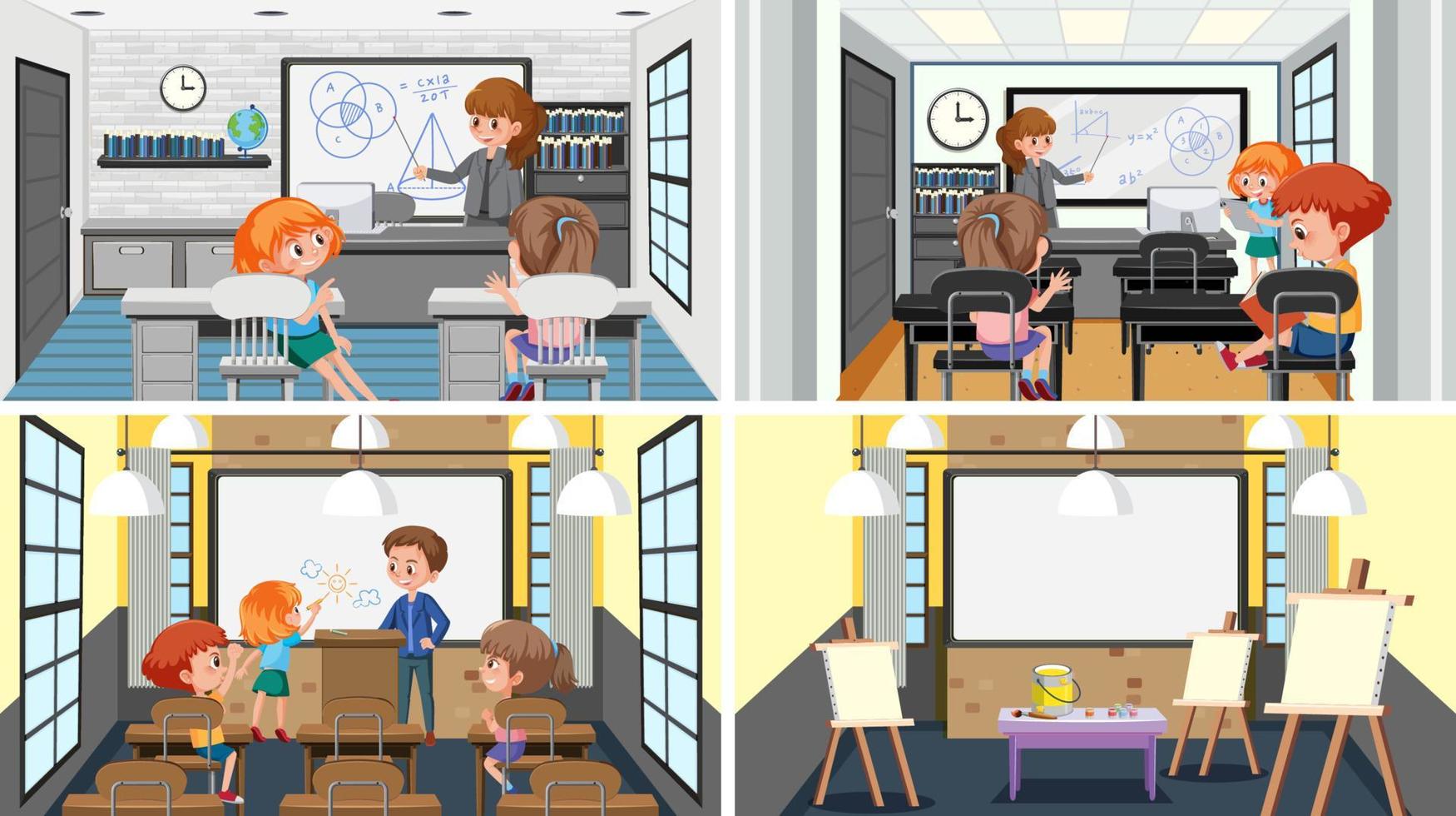 Set of student in the classroom scene vector