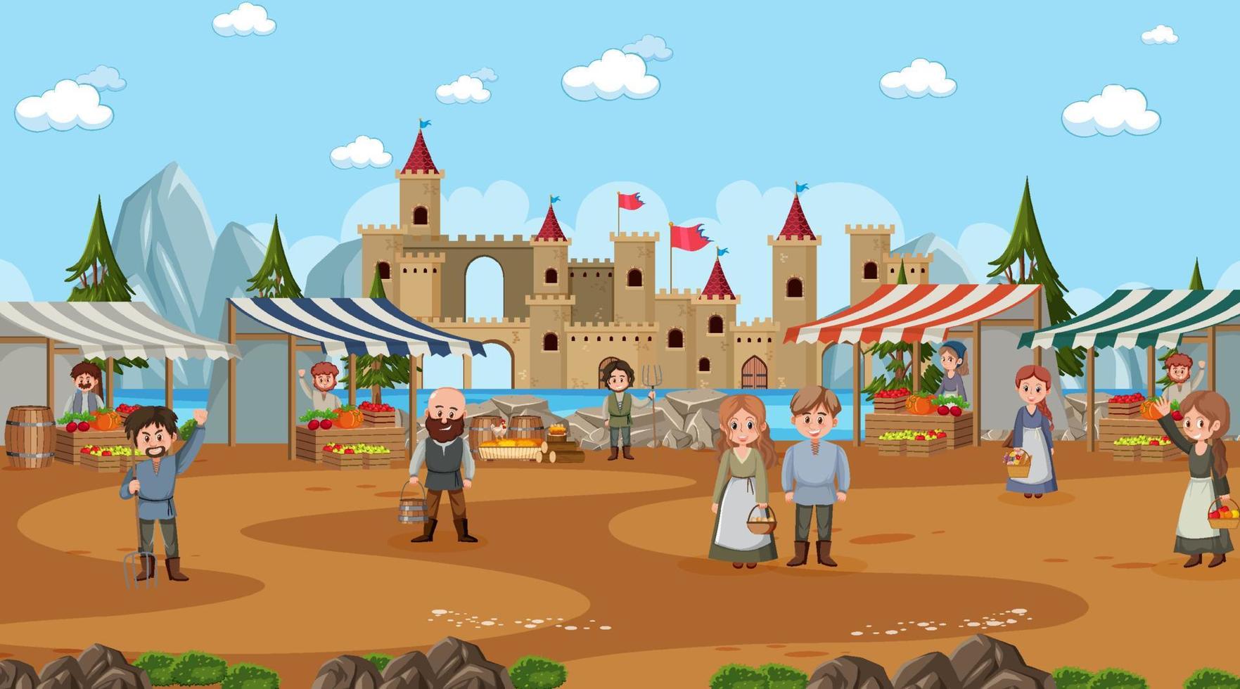 Medieval town scene in cartoon style vector