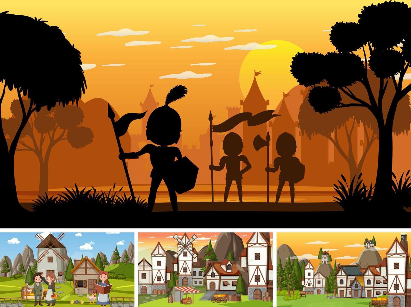 Set of different scene medieval with silhouette vector