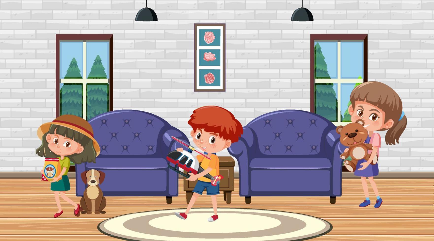 Living room scene with children cartoon character vector