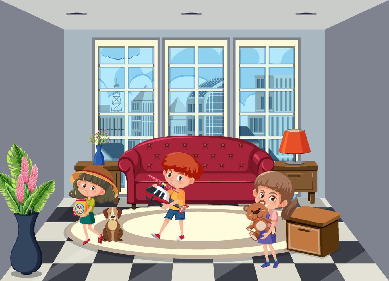 Living room scene with children cartoon character vector