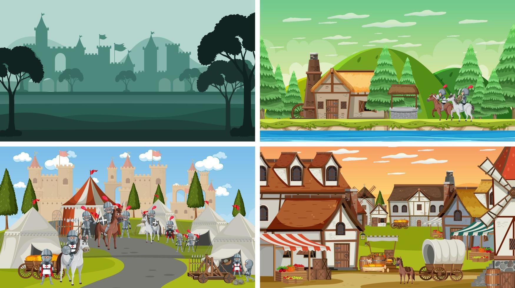 Set of different scene medieval with silhouette vector