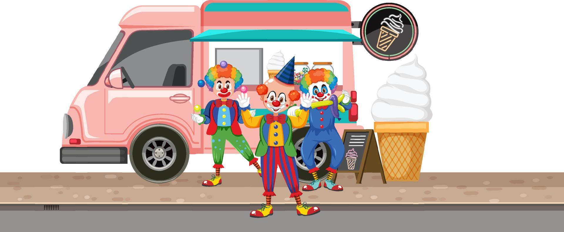 Clowns standing in front of icecream truck vector