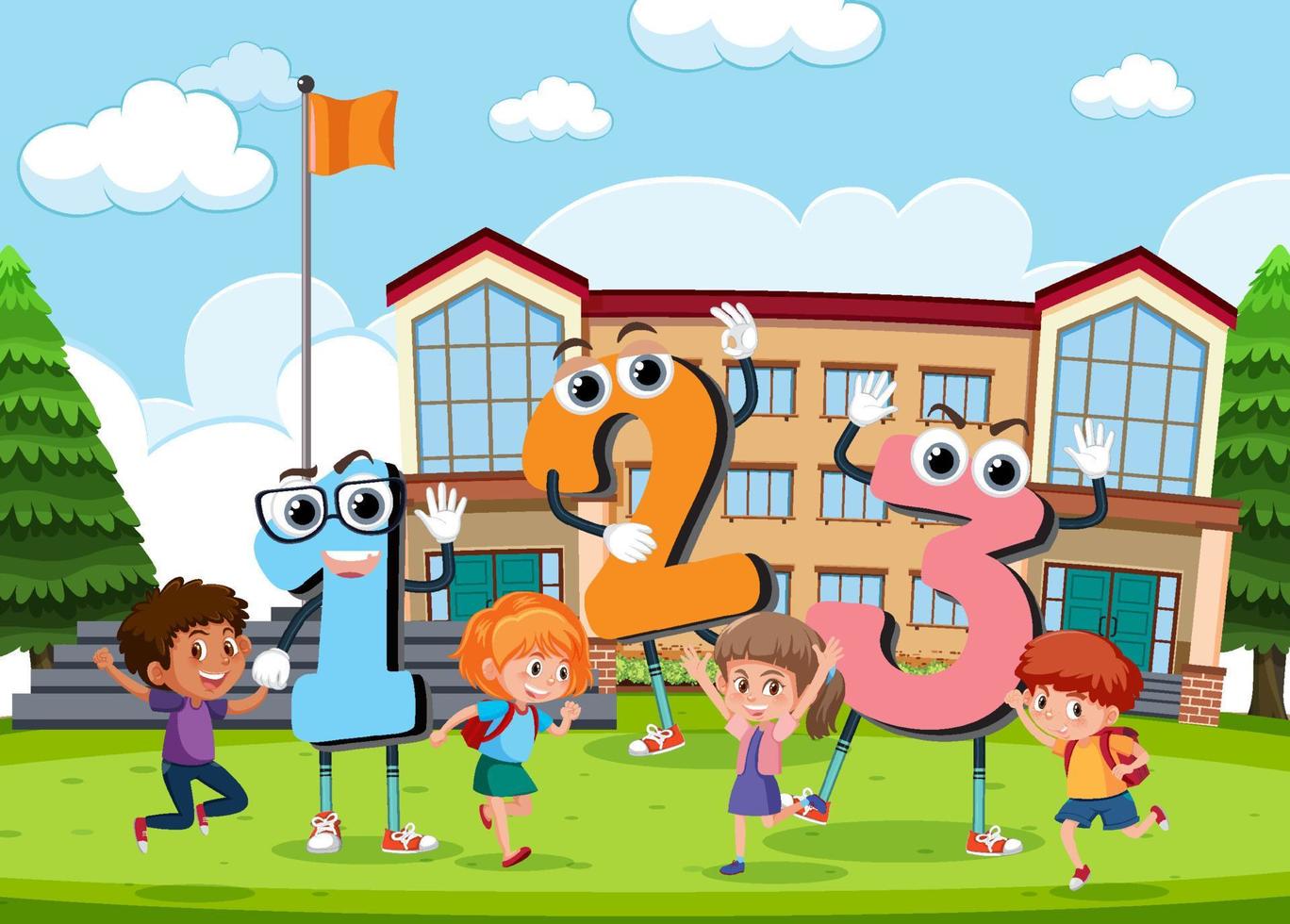 Cartoon kids at school with number 1 2 3 vector