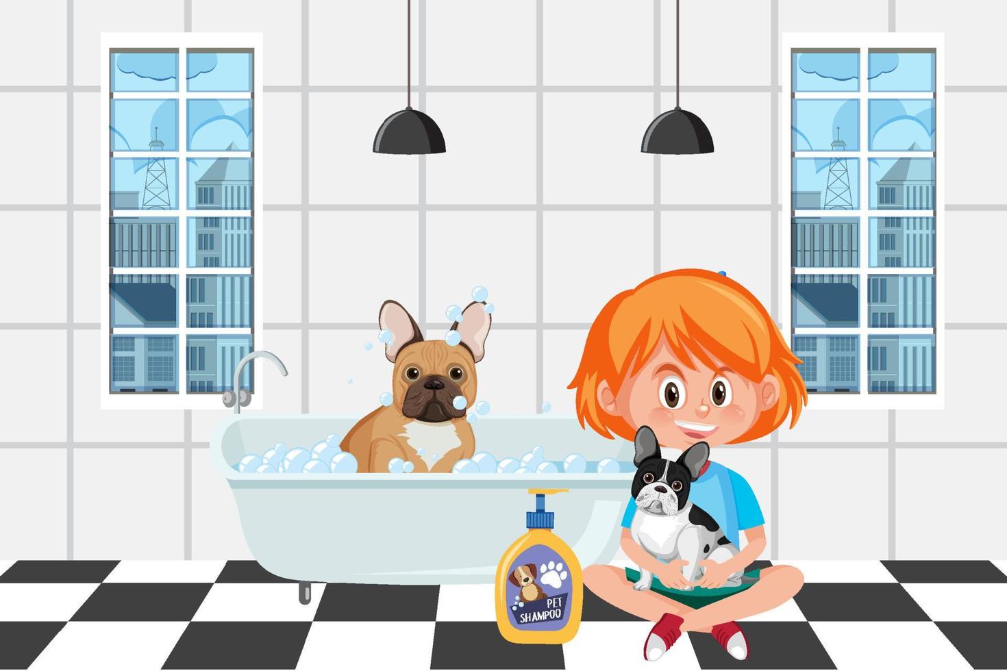 A girl washing her dog in the bathroom vector