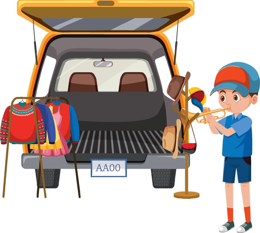 Boy playing trumpet in the market vector