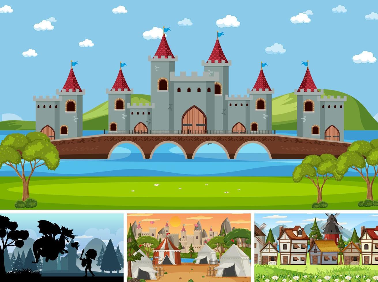 Set of different scene medieval with silhouette vector