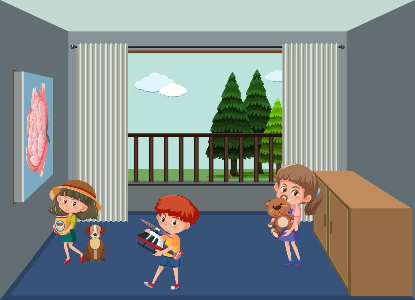 Children holding their toys in the room scene vector