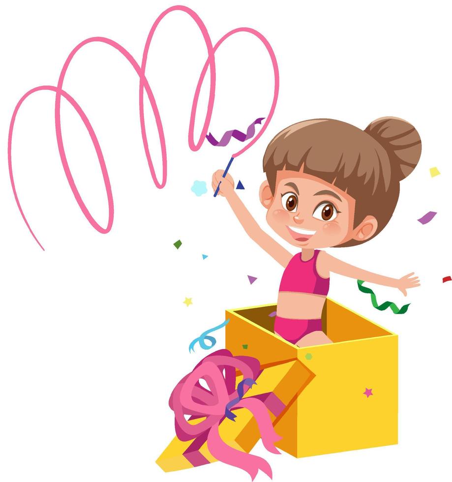 A little girl playing ribbon in the present box on white background vector