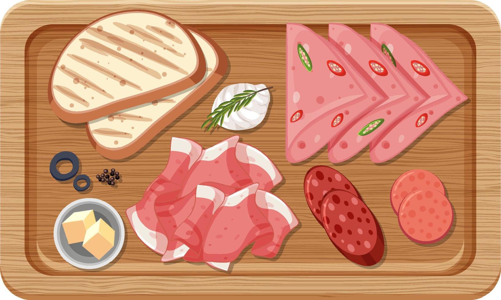 Top view of lunch meat on a wooden tray vector