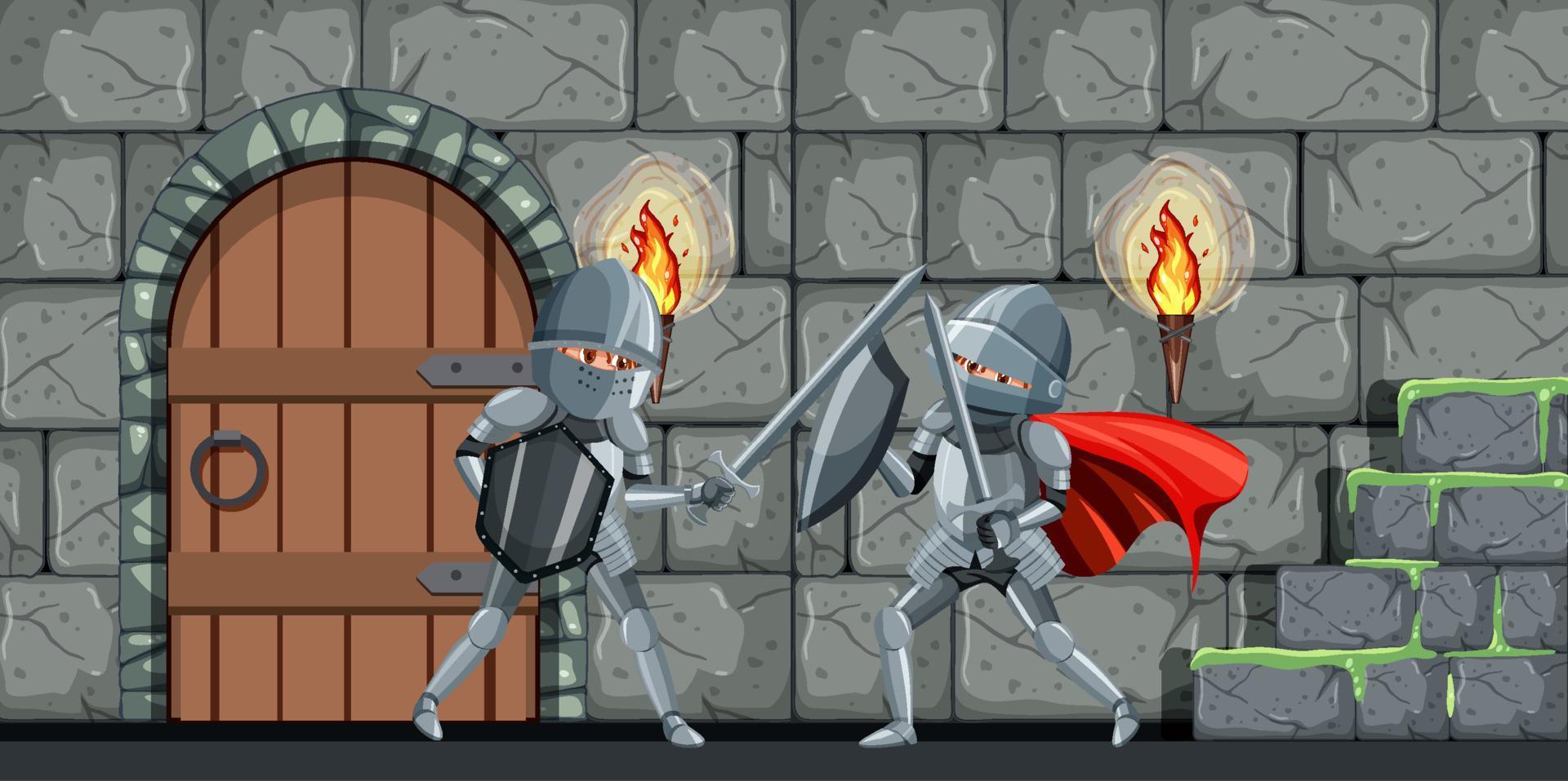 Scene with two medieval knights fighting vector