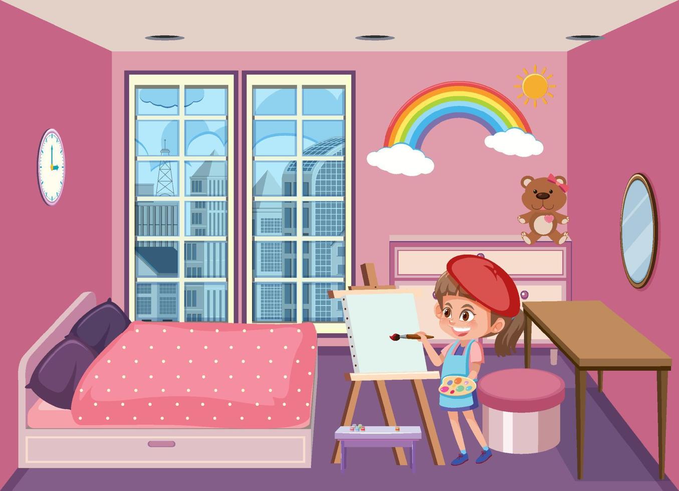 escena de dormitorio rosa con personaje de dibujos animados vector