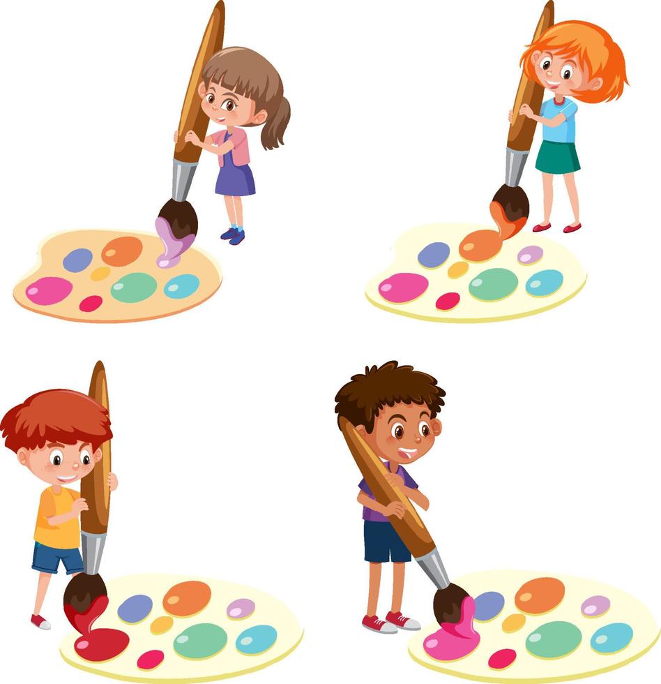 A set of boy and girl with palette of watercolor vector