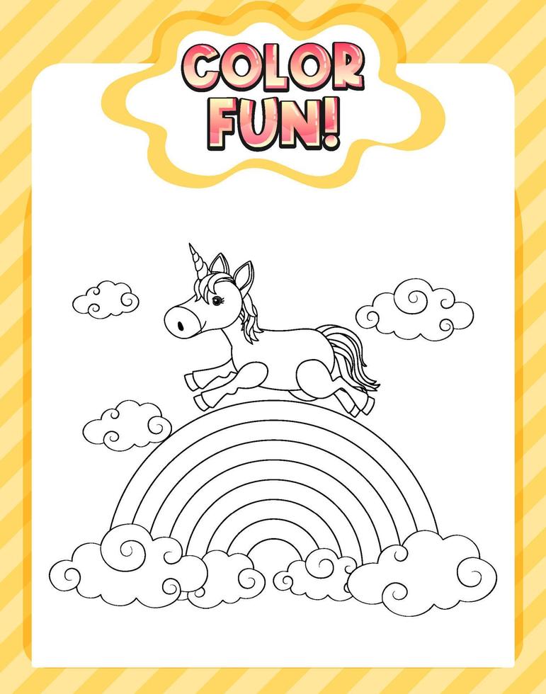 Worksheets template with color time text and Unicorn outline vector
