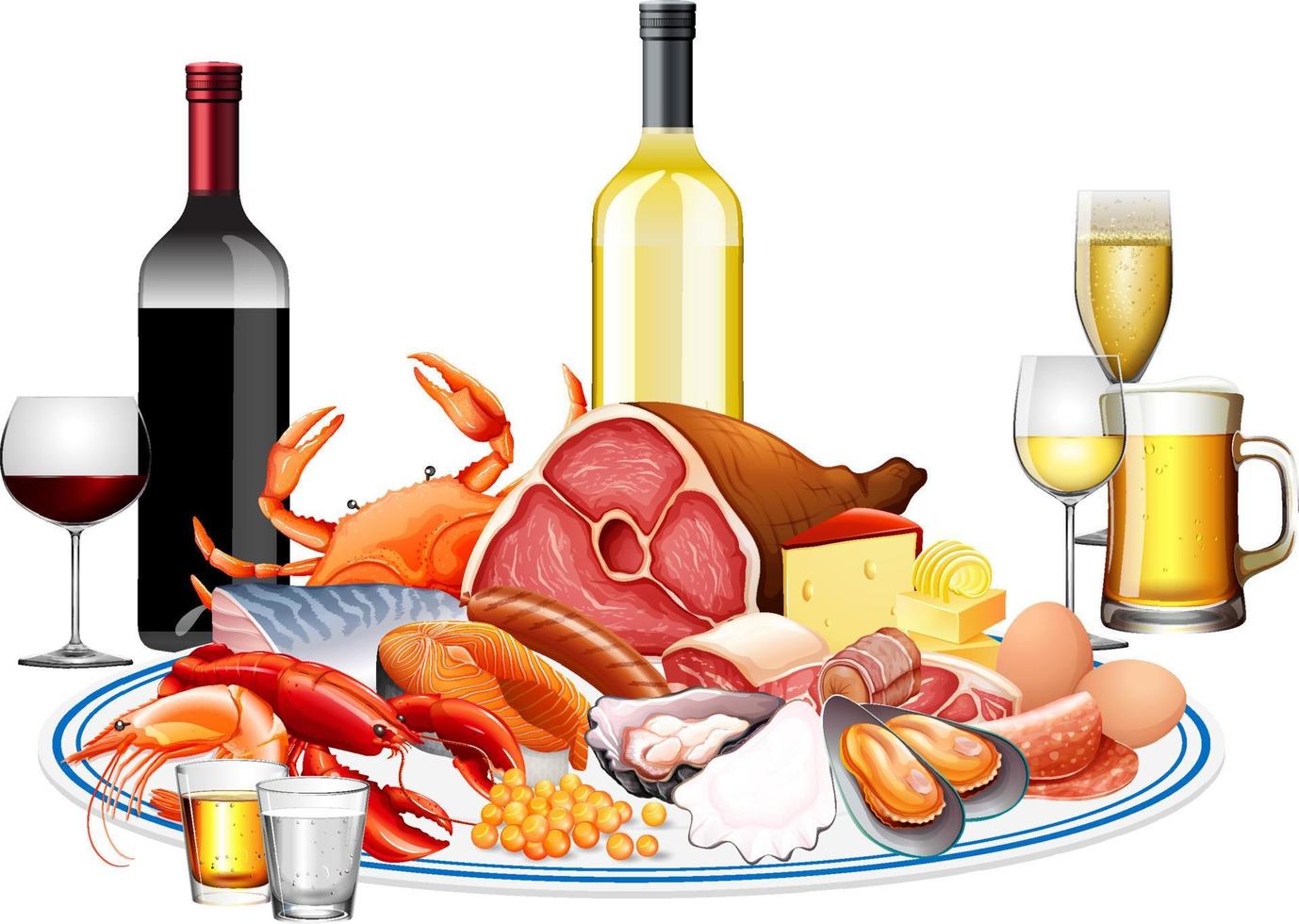 Seafood and beverage wines set vector