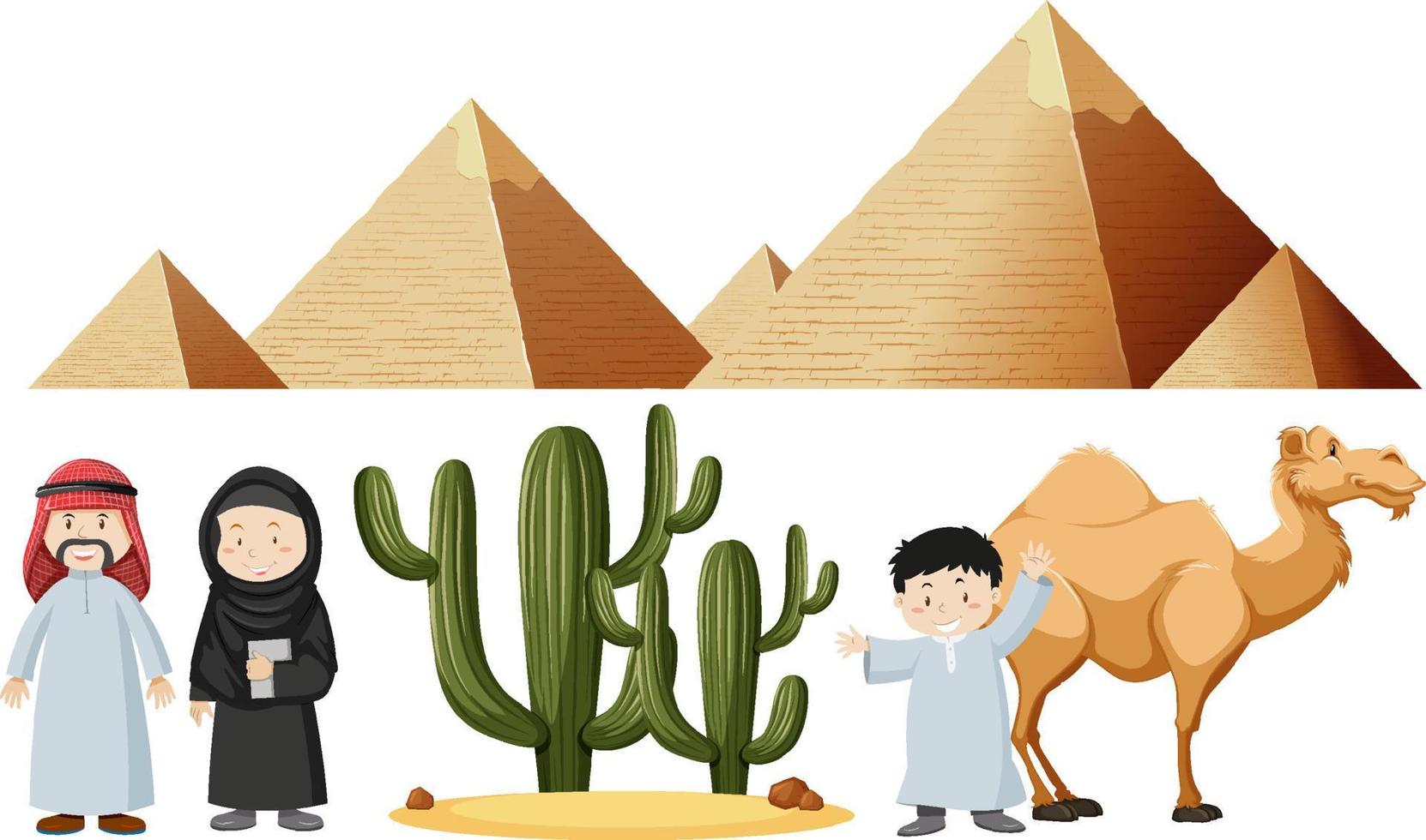 árabes con pirámide y camello vector