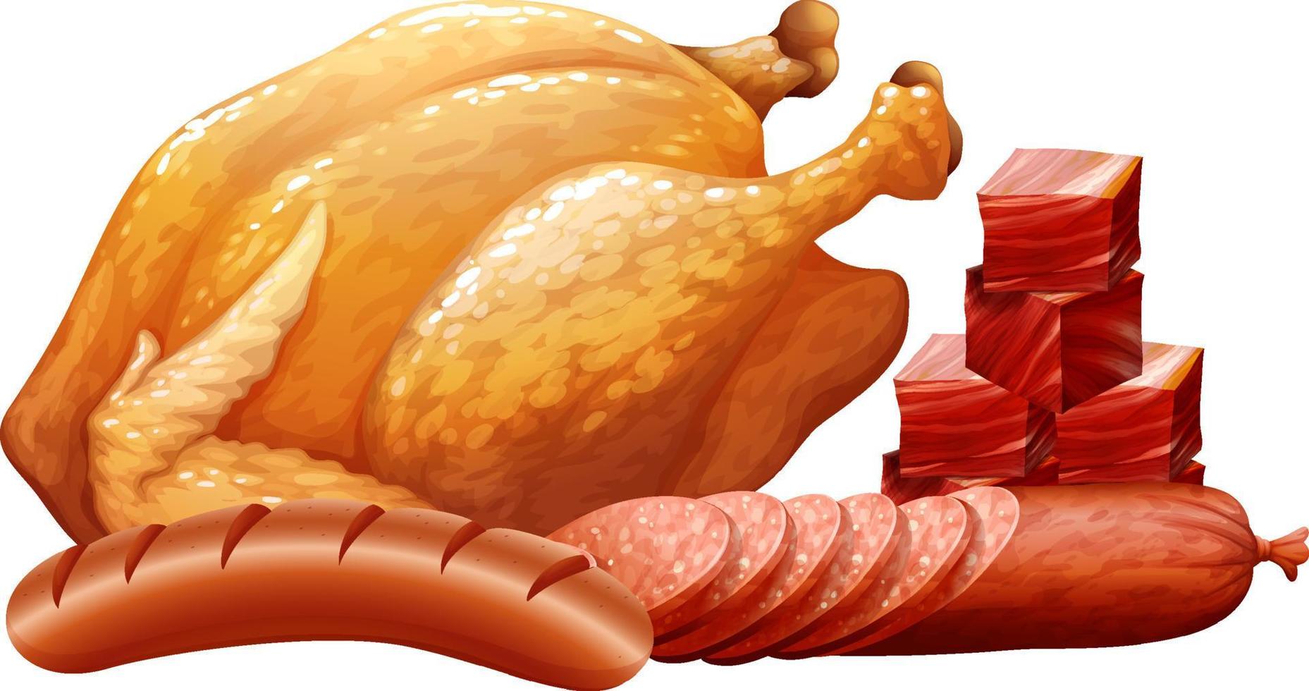 Fried chicken and sausages on white background vector