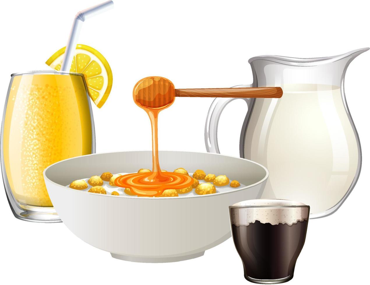Breakfast set with cereal and fruit juice and milk vector