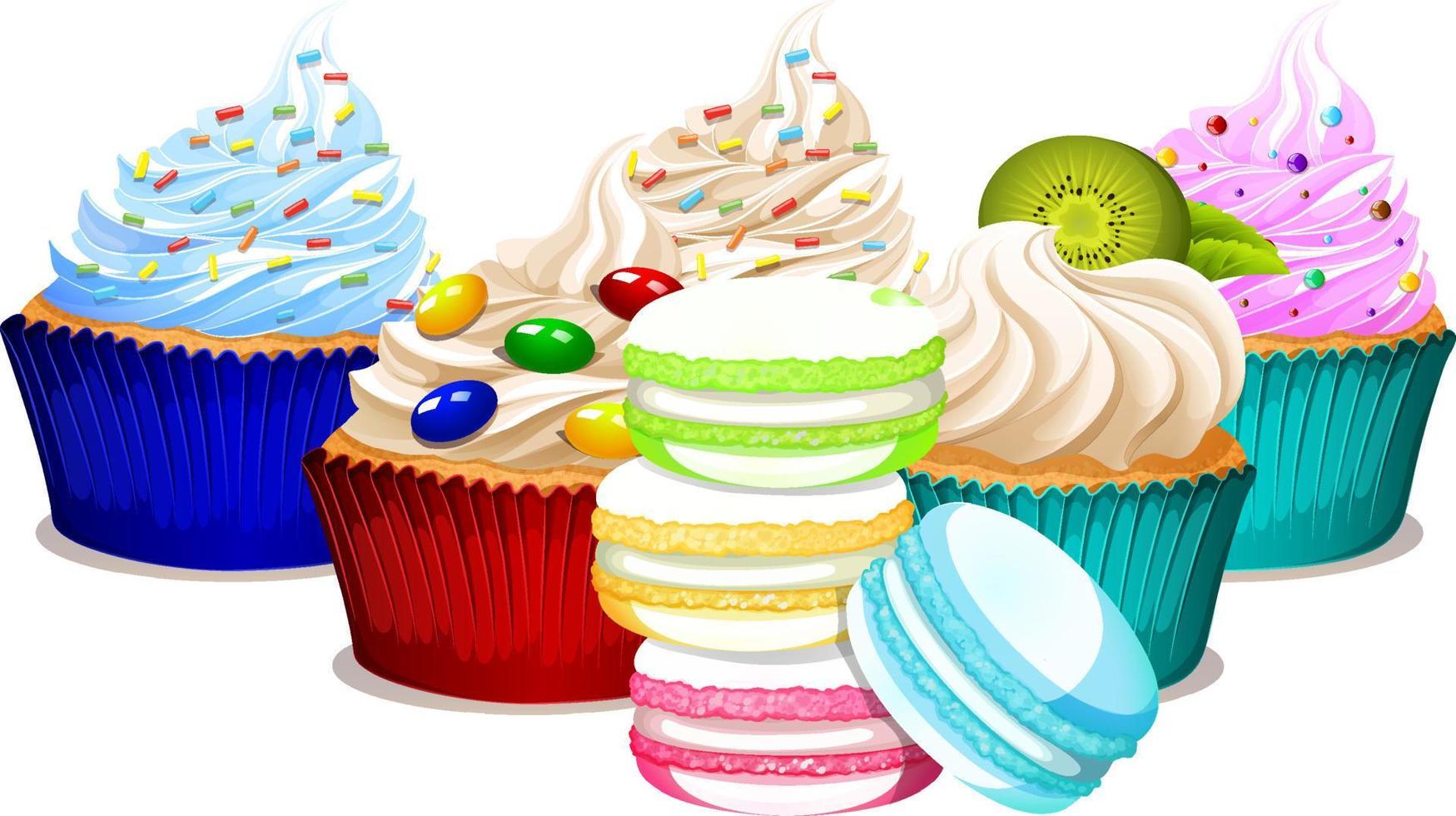 deliciosos cupcakes y dibujos animados de macarrones vector
