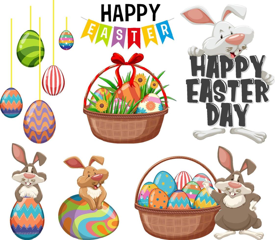 Happy Easter day with bunny and eggs vector