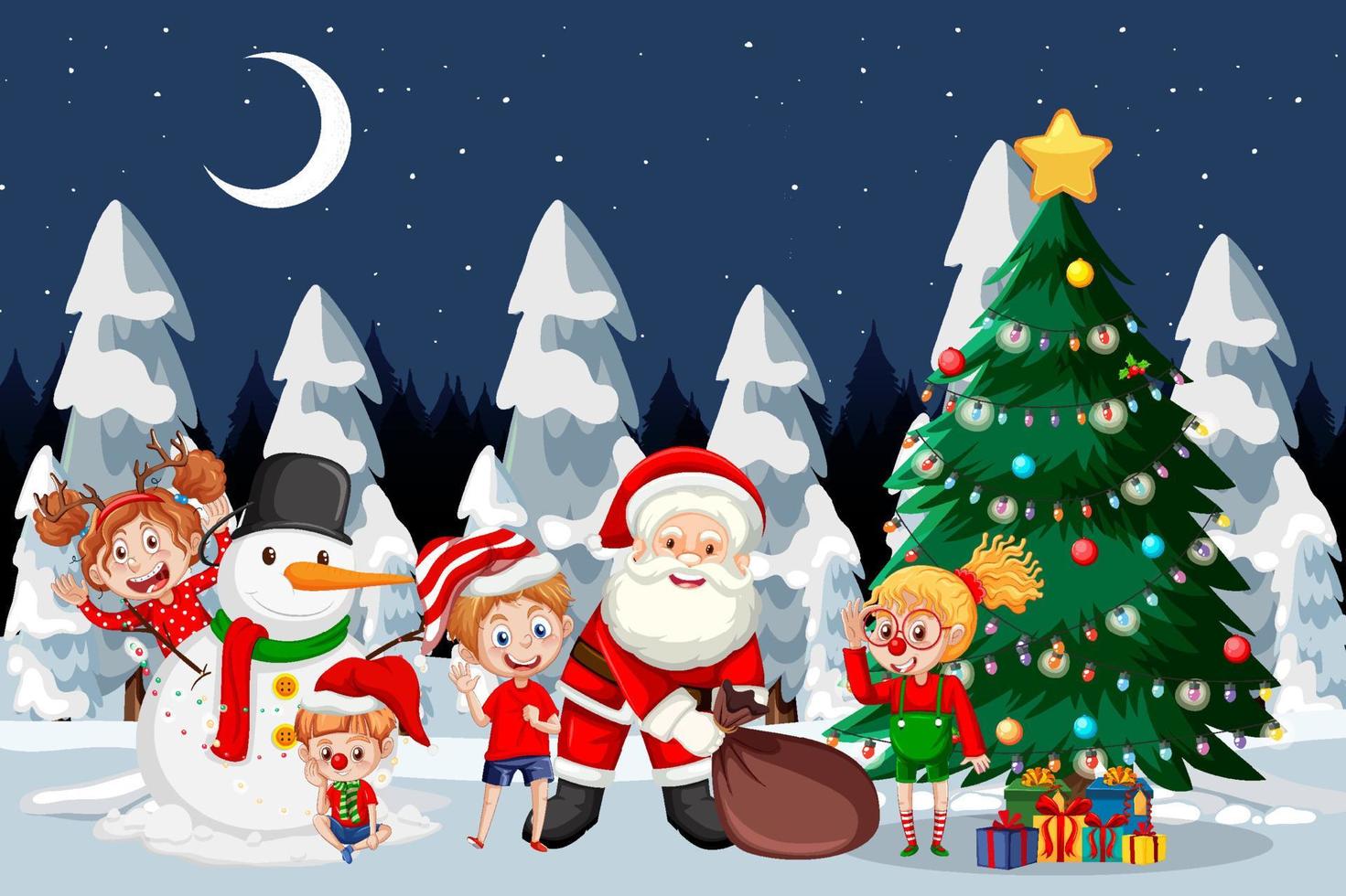 Santa with children celebrating Christmas at night vector