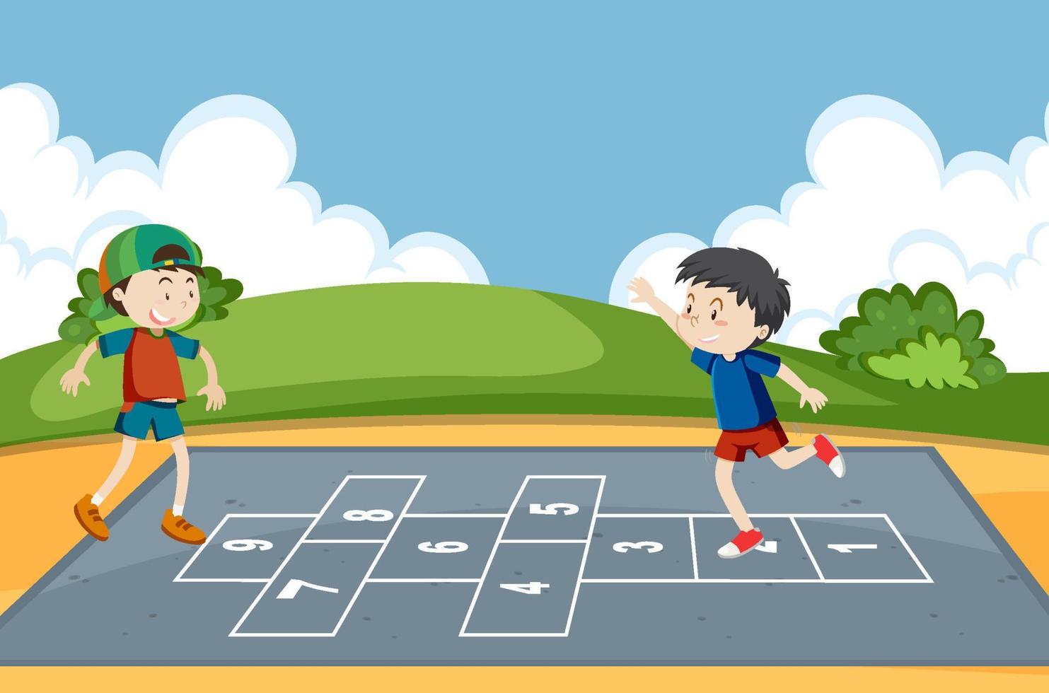 Children playing hopscotch game at the park vector