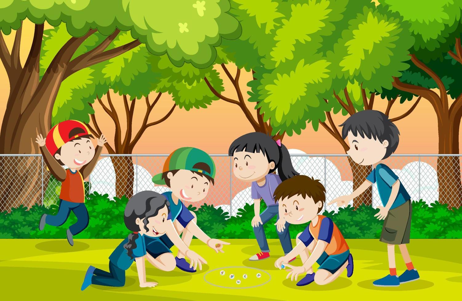 Outdoor park with children playing marbles vector