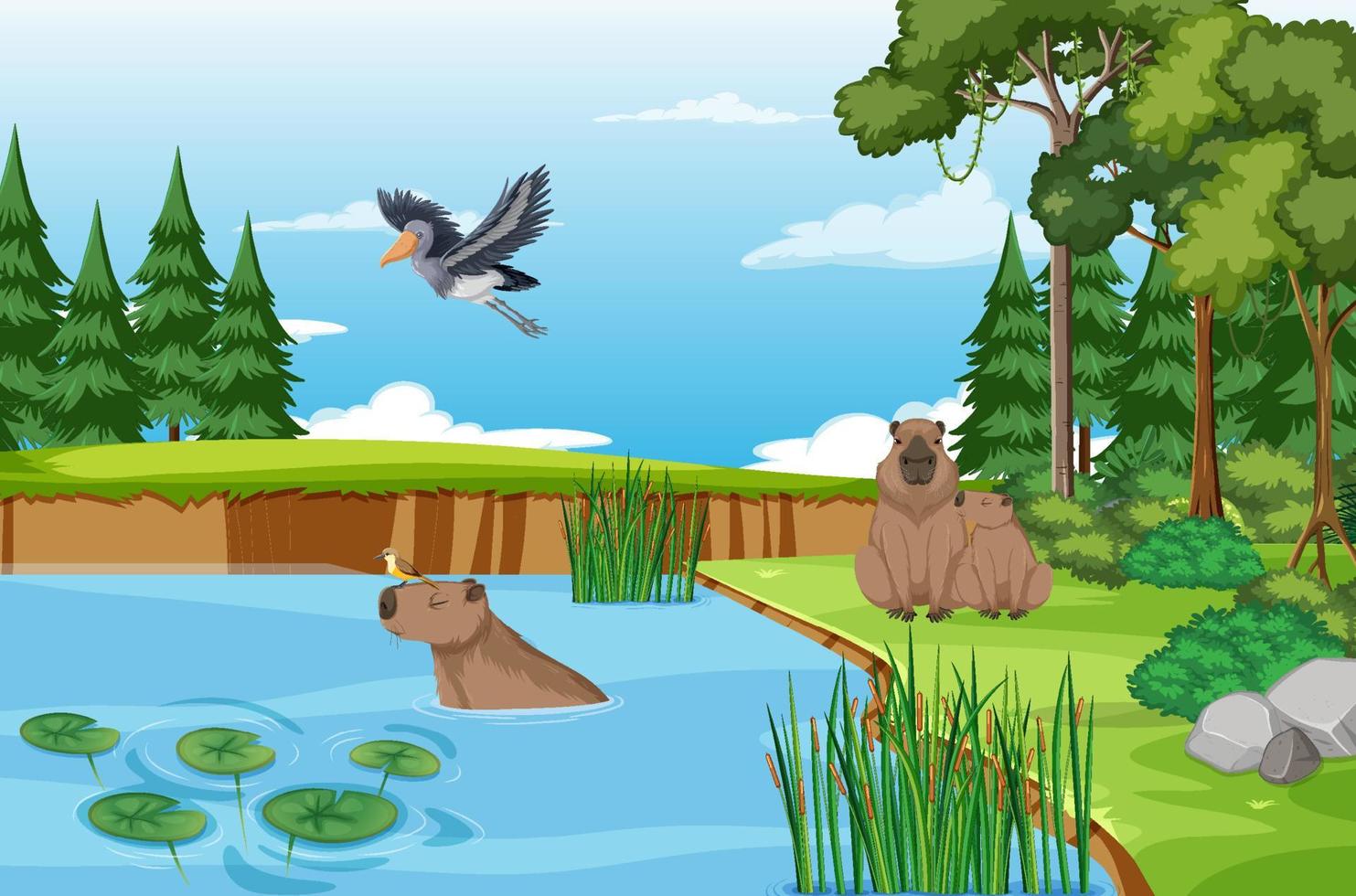 Capybara living in the nature pond vector