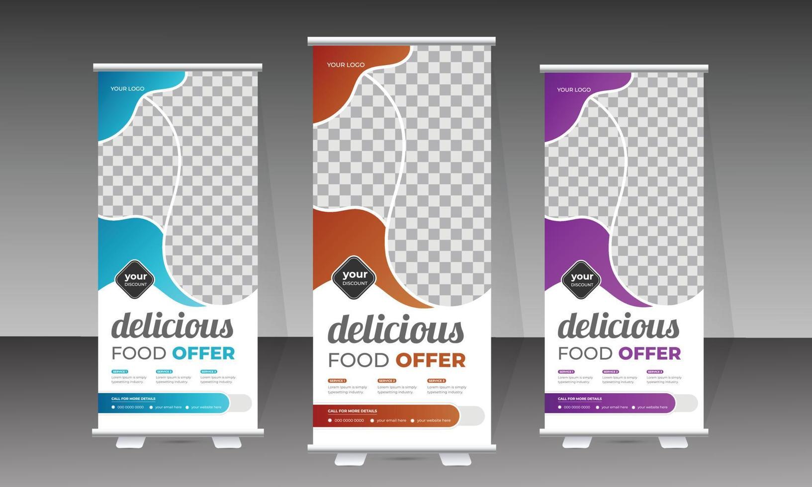 Food roll up banner and delicious food menu design template vector